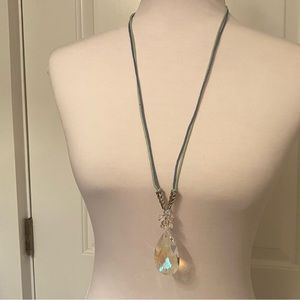 KIRKS FOLLY NEW CRYSTAL SHIMMER CORD NECKLACE LARGE TEARDROP BLUE GREEN CORDS